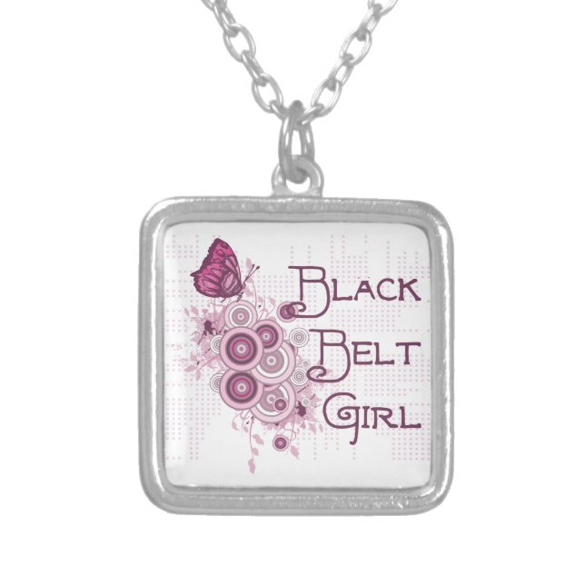 Martial Arts Black Belt Girl Pink Butterfly Silver Plated Necklace (Front)
