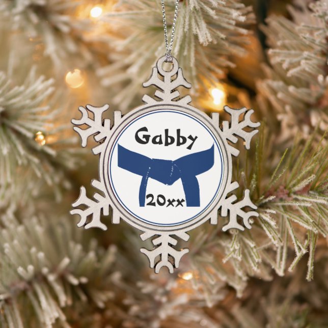 Martial Arts Dark Blue Belt Dated Snowflake Pewter Christmas Ornament (Tree)