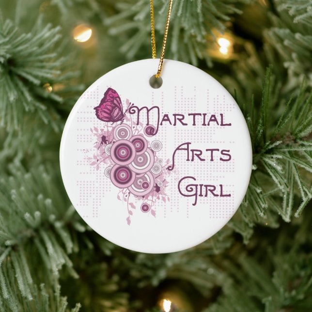 Martial Arts Girl Pink Butterfly Ceramic Ornament (Tree)