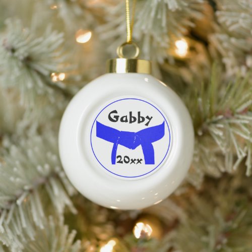 Martial Arts Light Blue Belt Rank Ceramic Ball Christmas Ornament