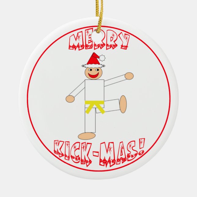 Martial Arts Merry Kick Mas Yellow Belt Ceramic Ornament (Front)
