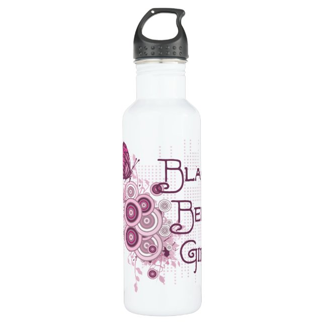 Martial Arts Pink Butterfly Black Belt Girl Water Bottle (Front)