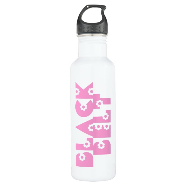 Martial Arts Pink Floral Black Belt Stainless Steel Water Bottle (Front)