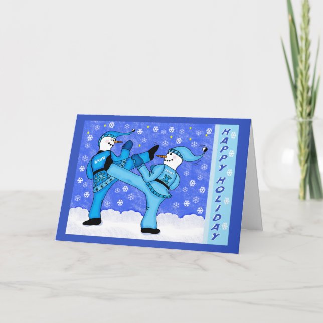 Martial Arts Snowmen Kicking Holiday Greeting Card (Front)