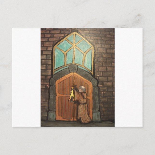 Martin Luther nails rubber chicken to church door Postcard (Front)