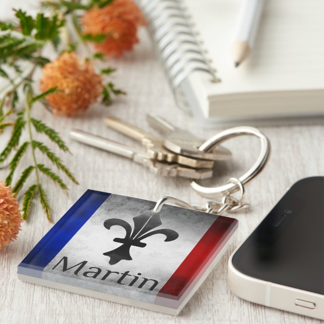 Martin Name with French Flag   Keychain (Front Right)