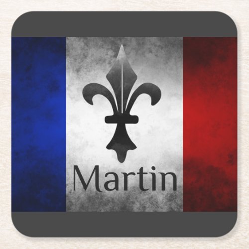 Martin Name with French Flag  Square Paper Coaster
