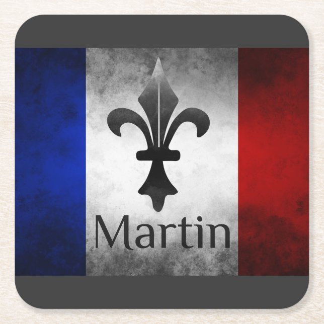 Martin Name with French Flag  Square Paper Coaster (Front)