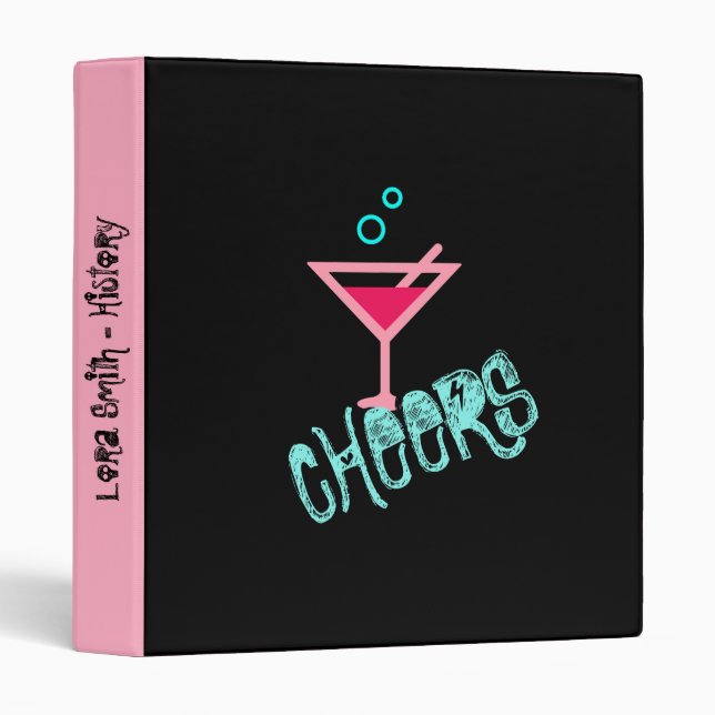 Martini - Alcohol Drink Pop Art, Pink & Turquoise 3 Ring Binder (Front/Spine)