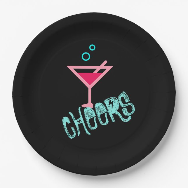 Martini - Alcohol Drink Pop Art, Pink & Turquoise Paper Plates (Front)