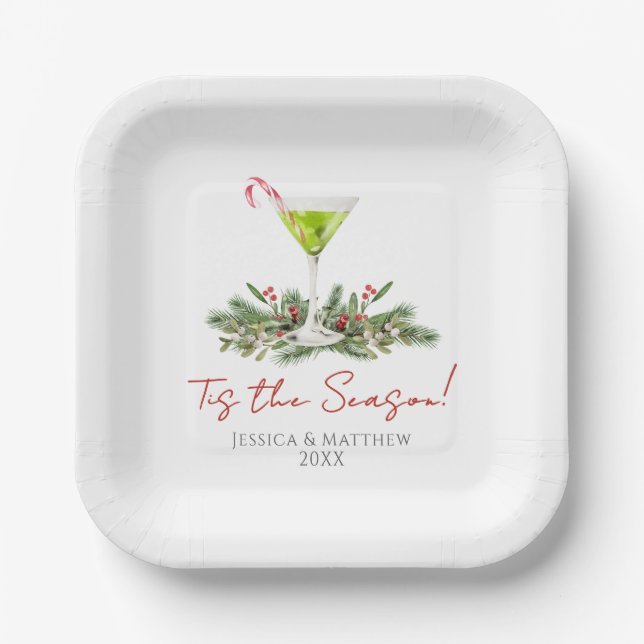 Martini and Mistletoe Holiday Cocktail Party Paper Plates (Front)