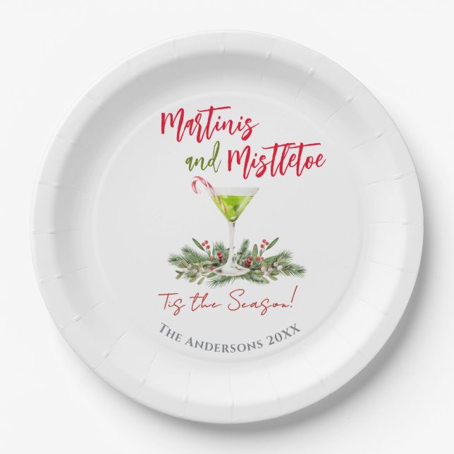 Martini and Mistletoe Holiday Cocktail Party Paper Plates (Front)