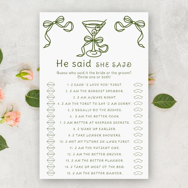 Martini bow bridal shower He said she said game (Creator Uploaded)