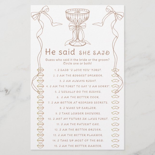 Martini bow hand drawn He said she said game (Front)