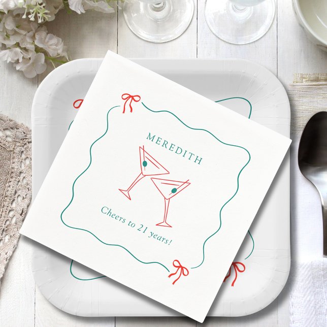 Martini Cheers to 21 Years Birthday Party Napkins (Martini Cheers to 21 Years Wavy Doodle Border with Bows Birthday Party Paper Napkins)