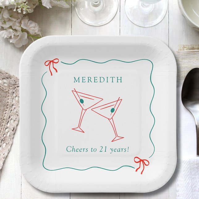 Martini Cheers to 21 Years Birthday Party Paper Plates (Martini Cheers to 21 Years Wavy Doodle Border with Bows Square Paper Plate)