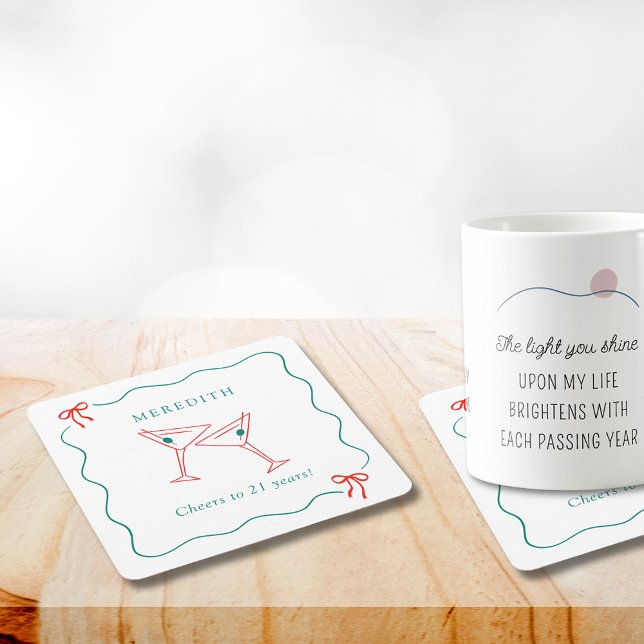 Martini Cheers to 21 Years Birthday Party Square Paper Coaster (Martini Cheers to 21 Years Birthday Party Square Paper Coasters)
