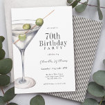 Martini Cocktail 70th Birthday Party Invitation<br><div class="desc">A sophisticated birthday party invitation with a chic stylish cocktail theme featuring a martini with 3 olives. Shown here as a 70th birthday party, you can personalize the text template for any age. All of the text may be personalized for your party. This invitation is available as printed and paperless...</div>