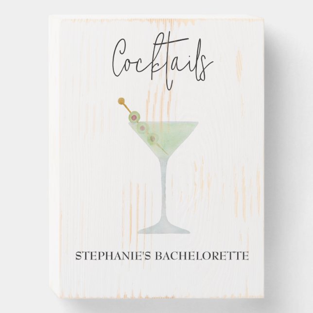 Martini Cocktail Bar Wedding Bachelorette Party Wooden Box Sign (Front Vertical)