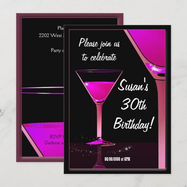 Martini Cocktail Pink Birthday Party Invitation (Front/Back)