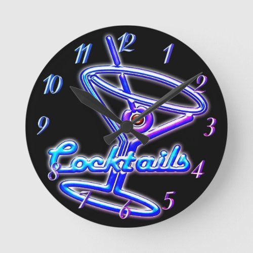 Martini cocktail retro neon sign vintage bar round clock