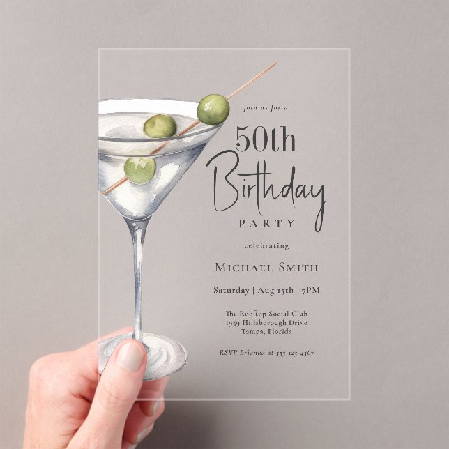Martini Cocktail Theme 50th Birthday Party Acrylic Invitations (Insitu (Handheld))