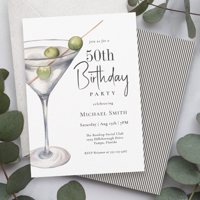 Martini Cocktail Theme 50th Birthday Party Invitation (Available as both printed and paperless digital download!)