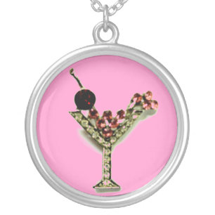 MARTINI - CRYSTAL LOOK PINK MARTINI PRINT SILVER PLATED NECKLACE