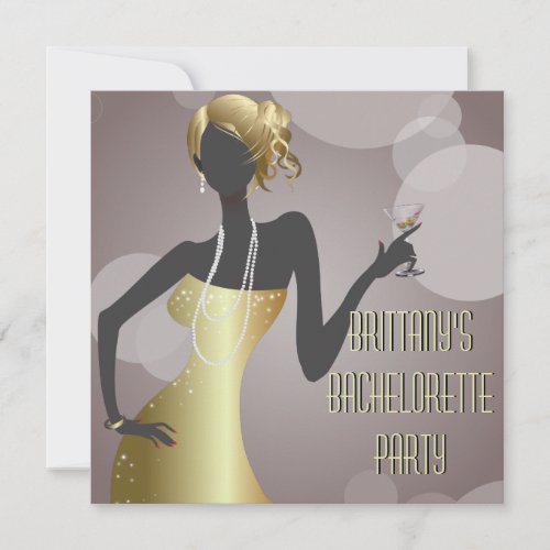 Martini Girl in Gold Bachelorette Party Invitation