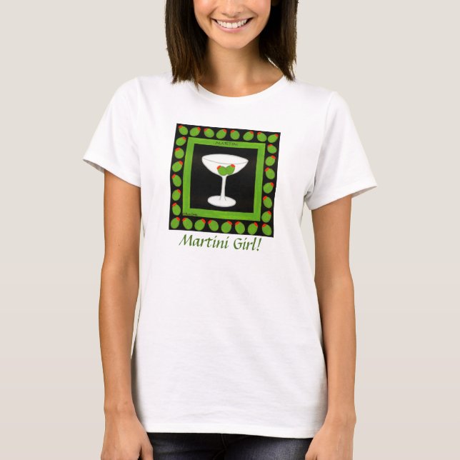 Martini Girl Retro Drink Art Green Olives Black T-Shirt (Front)