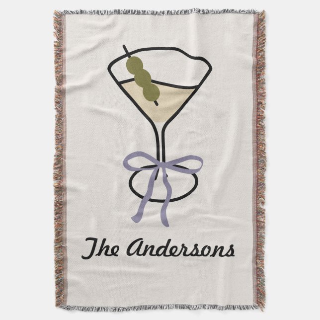 Martini Glass Chic Personalized Family Name Throw Blanket (Front Vertical)