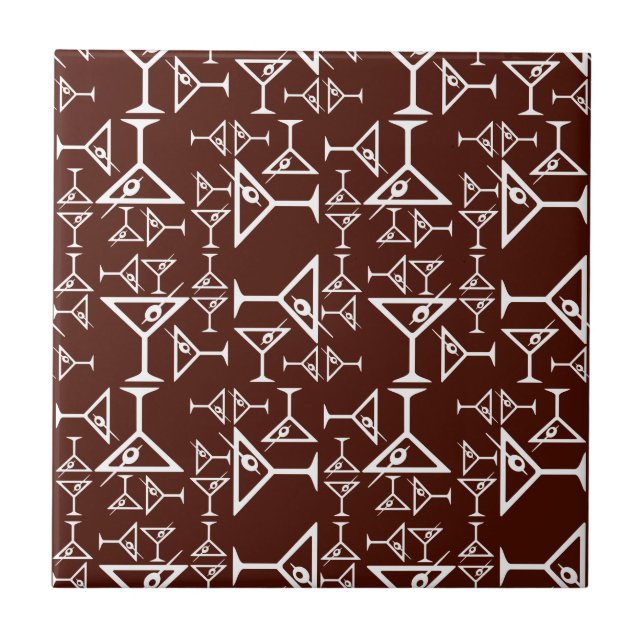 Martini Glass Design Retro Martinis Pattern Brown Ceramic Tile (Front)