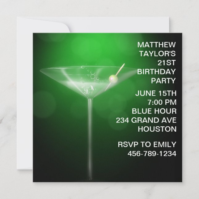 Martini Glass Mans 21st Birthday Party Invitation (Front)