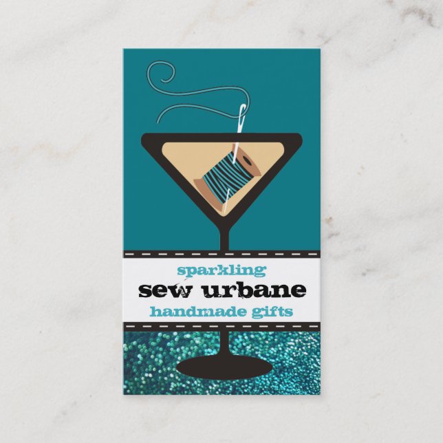 Martini glass needle thread sewing faux glitter business card (Front)
