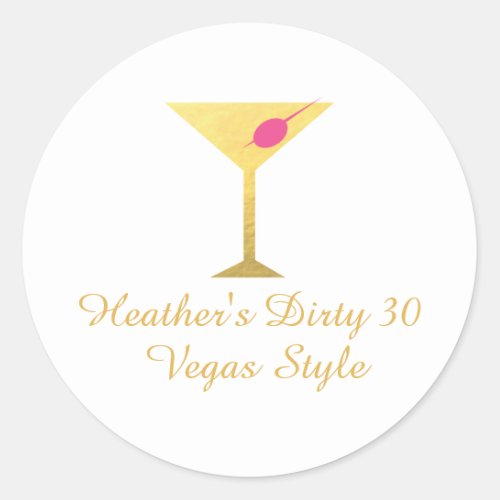 Martini Glass Pink and Faux Gold Foil Classic Round Sticker