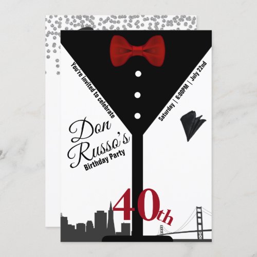 Martini Glass Red Bow Tie 40th Birthday Party Invi Invitation