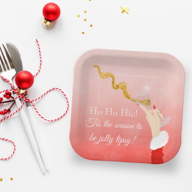 Martini Glass Spilling Christmas Glitter Party Paper Plates (Vibrant Martini Celebration: Customize and Embrace the Festive Merriment!)