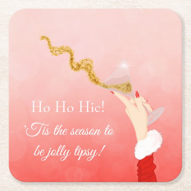Martini Glass Spilling Christmas Glitter Party Square Paper Coaster (Front)