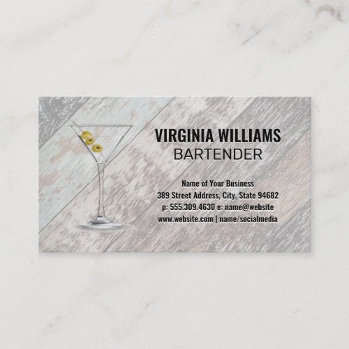 Martini Glass  Wooden Boards Background Business Card