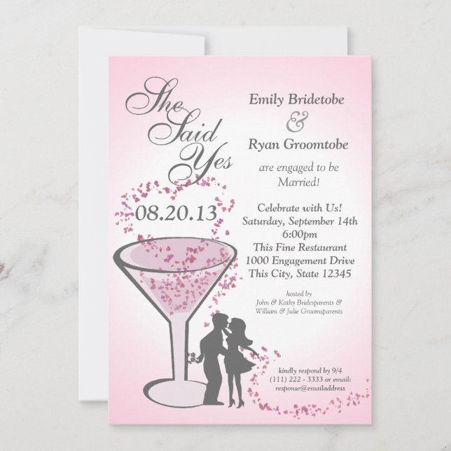 Martini Hearts Engagement Pink Invitation (Front)