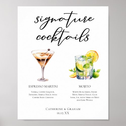 Martini Mojito Signature Cocktails Wedding Menu Poster