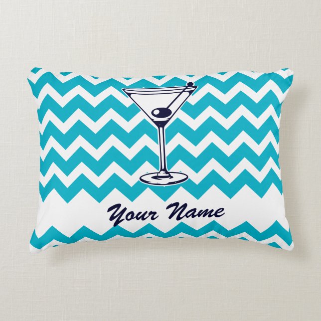 Martini Pictogram with Blue Chevron Pattern Accent Pillow (Front)