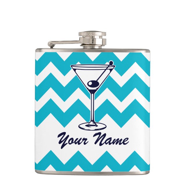 Martini Pictogram with Blue Chevron Pattern Flask (Front)