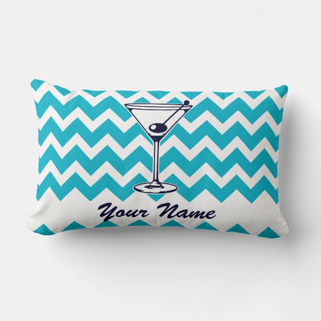 Martini Pictogram with Blue Chevron Pattern Lumbar Pillow (Front)
