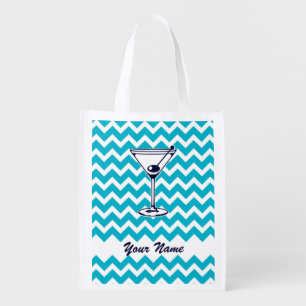 Martini Pictogram with Blue Chevron Pattern Reusable Grocery Bag