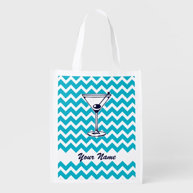 Martini Pictogram with Blue Chevron Pattern Reusable Grocery Bag (Front)