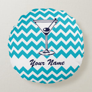 Martini Pictogram with Blue Chevron Pattern Round Pillow
