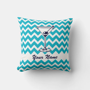 Martini Pictogram with Blue Chevron Pattern Throw Pillow