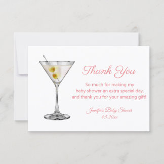 martini pink script girl baby shower thank you note card
