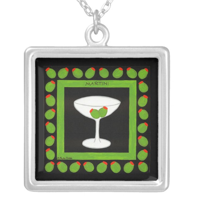 Martini Retro Drink Art Green Olives on Black Silver Plated Necklace (Front)